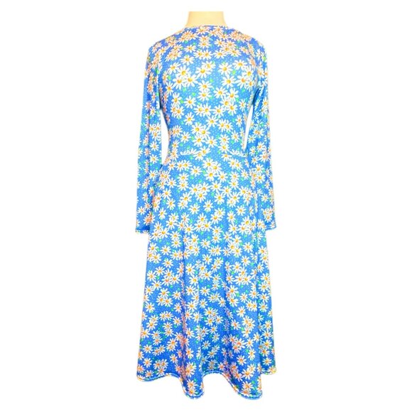 Trad Wife Womans Small Blue & White Midi Dress with POCKETS Stretchy Trend - Picture 2 of 5